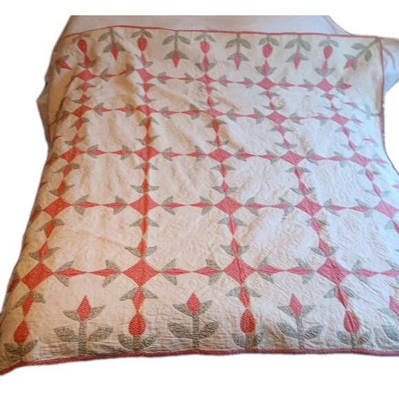 VTG TULIP Colorful QUILT APPLIQUE PATCHWORK 75" X 74” Needs Mending - Picture 1 of 10